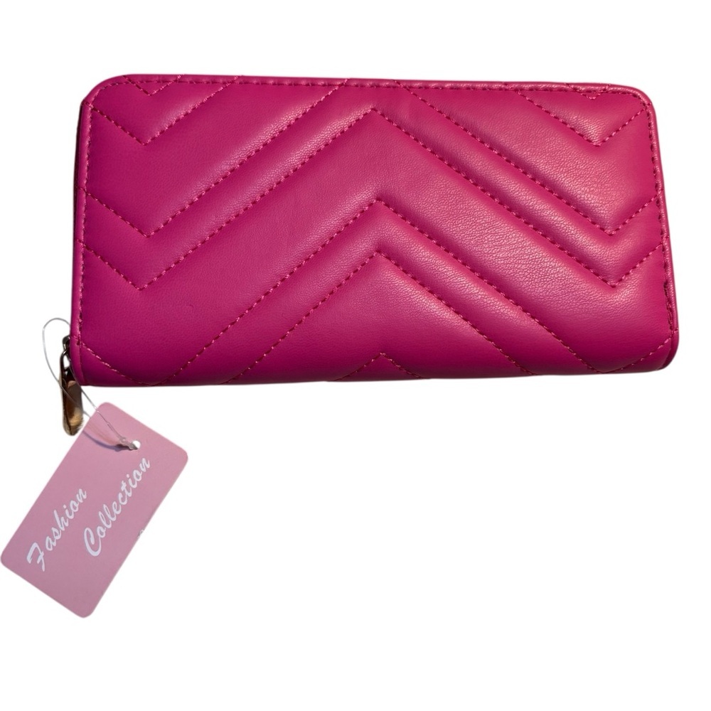 NWT Wallet Hot Pink Quilted Embroidered patte Gold-Tone Zipper Barbie Pink